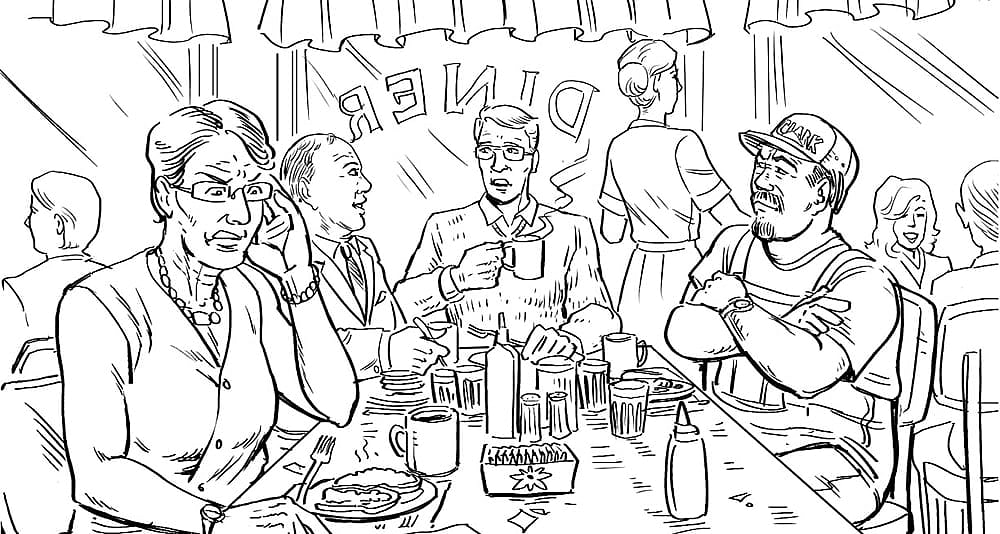 An illustration of people in a diner from the novel 'The Wise of Heart.'