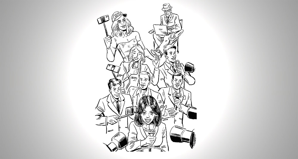 An illustration of a media scrum from the novel 'The Wise of Heart.'