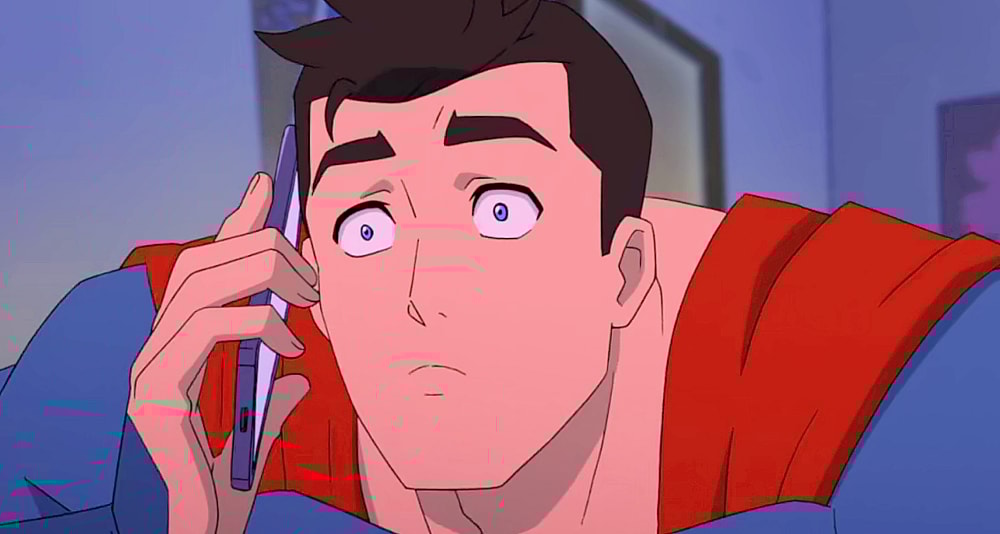 Superman (Jack Quaid) gets an emergency phone call in My Adventures with Superman Season 1 Episode 2 "My Interview with Superman" (2023), DC Animation