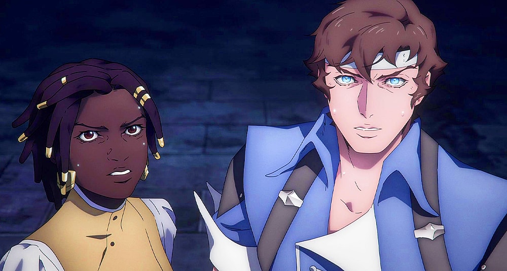 Richter (Edward Bluemel) and Annette (Thus Mbedu) witness a solar eclipse in Castlevania: Nocturne Season 1 Episode 7 