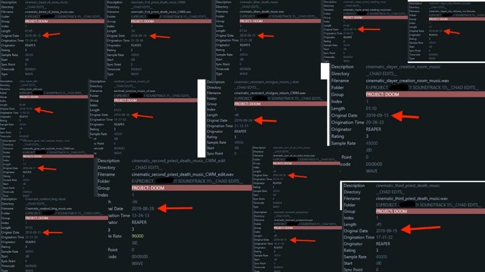 Mick Gordon shows the alleged Metadata of tracks created by Chad Mossholder for the Doom Eternal OST