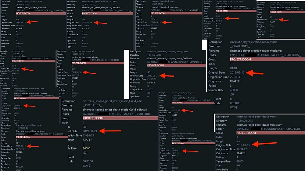 Mick Gordon shows the alleged Metadata of tracks created by Chad Mossholder for the Doom Eternal OST