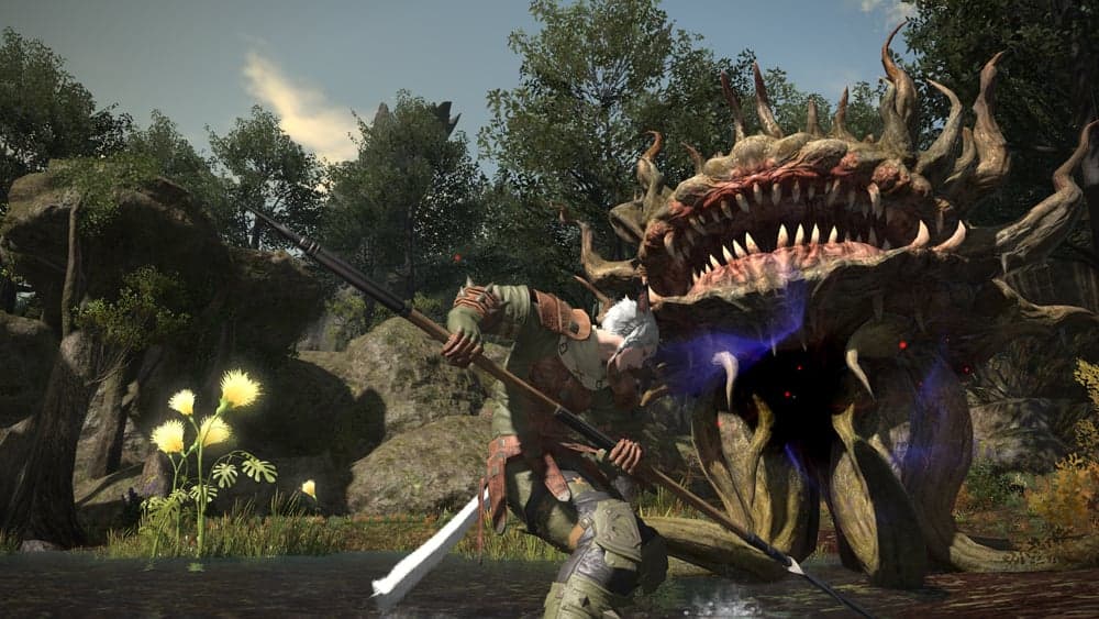 A Miqo'te Lancer fends off a Malboro in Final Fantasy XIV: A Realm Reborn (2013), Square Enix