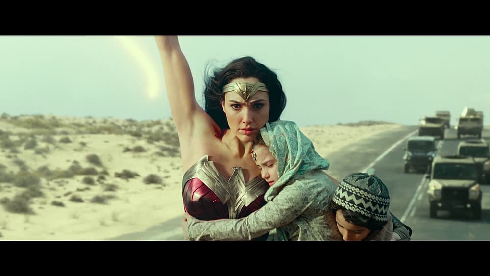 Wonder Woman rescues two children from armored vehicles in Wonder Woman 1984 (2020), Warner Bros