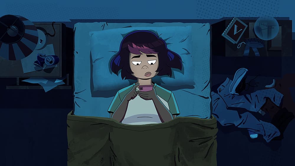 Velma (Mindy Kaling) scrolls through Daphne's social media in Velma Season 1 Episode 3 "Velma Kai"