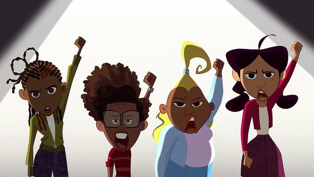 Penny, Michael, Dijonay, and Maya declare 'Slaves Built This Country' in The Proud Family: Louder
