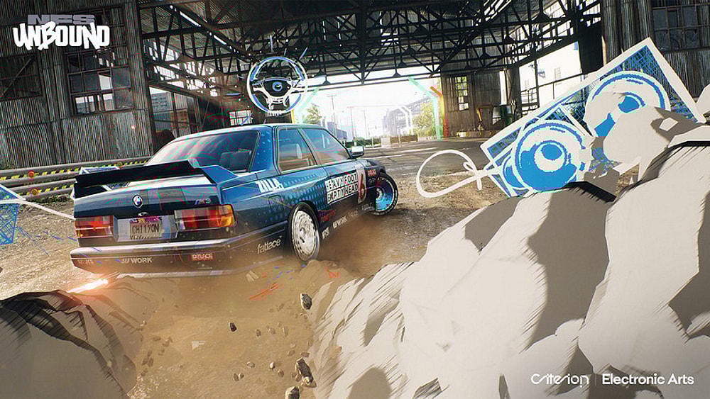 A street racer leaves graffiti-style debris behind them, including a speaker-system and a shopping cart via Need for Speed Unbound (2022), Electronic Arts