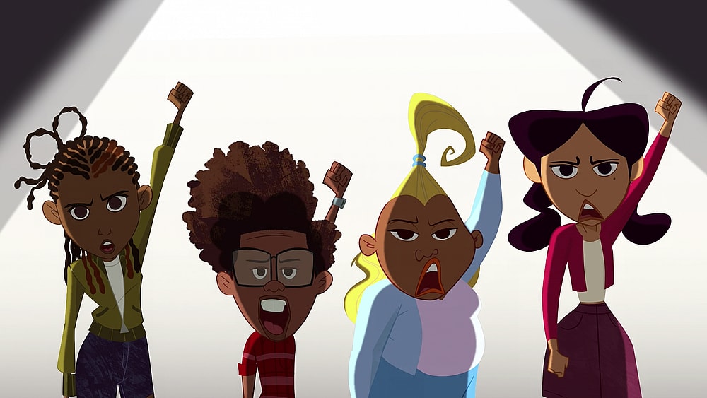 Penny (Kayla Pratt), Michael (EJ Johnson), Dijonay (Karen Malina White), and Maya (Keke Palmer) declare that 'Slaves Built This Country' in The Proud Family: Louder and Prouder Season 2 Episode 3 "Curved" (2023), Disney