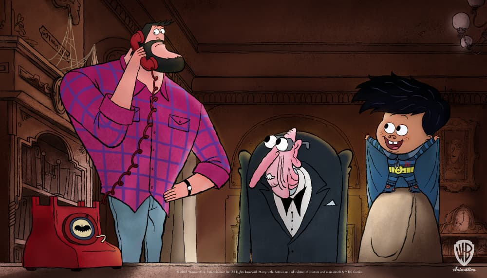 Photo Caption_ “Bruce Wayne, Alfred, Damian Wayne from upcoming animated movie Merry Little Batman and spinoff series Bat-Family” Credit_ Warner Bros. Animation