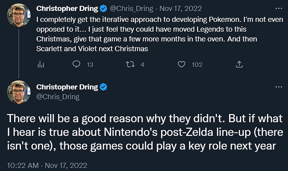Christoher Dring discusses Pokémon's release schedule, adding that Nintendo has no plan after launch of The Legend of Zelda: Tears of the Kingdom via Twitter