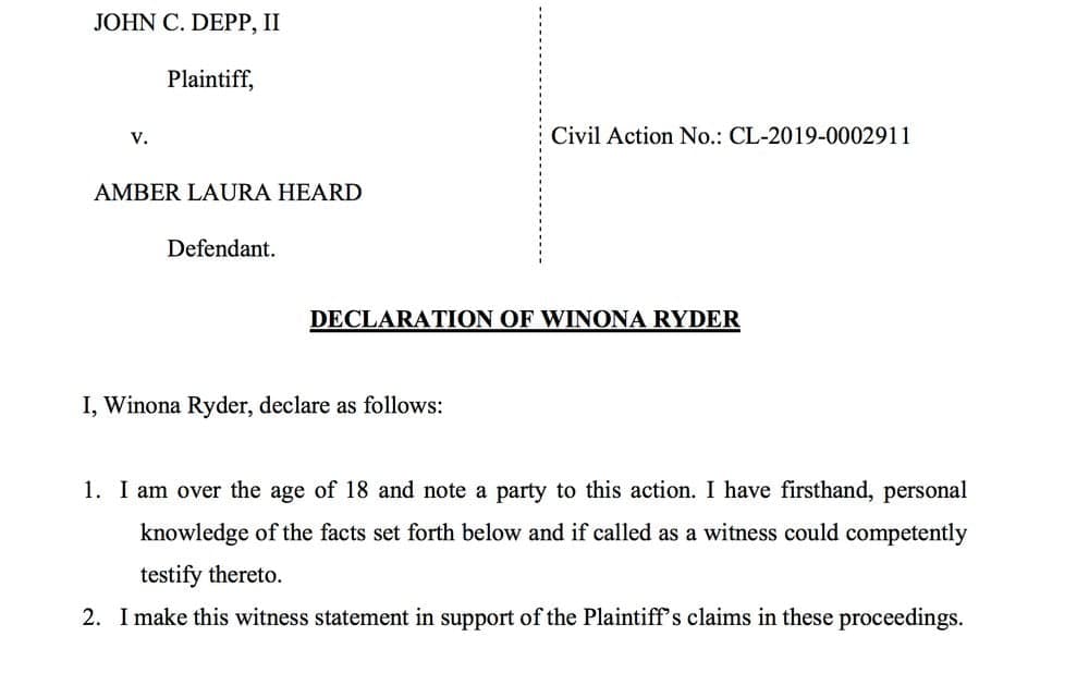 Winona Ryder Files Declaration in Support of Ex-Fiancee Johnny Depp in Defamation Lawsuit Against Amber Heard: “It Is Impossible to Believe That Such Horrific Allegations Are True”
