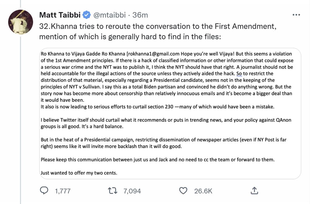 Matt Taibbi shares an Email exchange between Twitter higher-up Vijaya Gadde and Democratic Senator Ro Khanna on this Twitter page