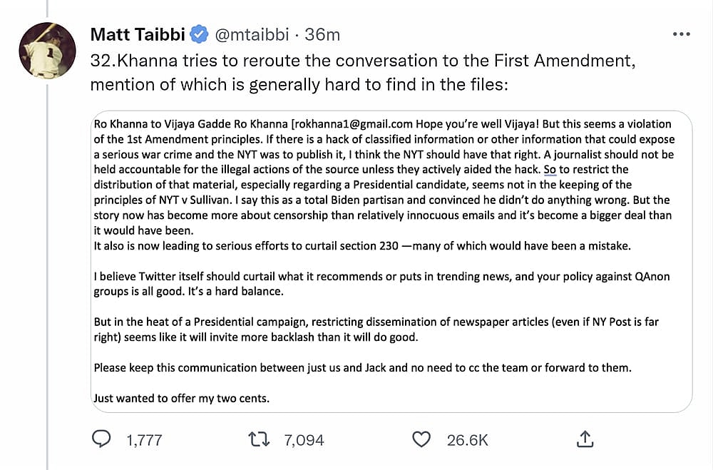 Matt Taibbi shares an Email exchange between Twitter higher-up Vijaya Gadde and Democratic Senator Ro Khanna on this Twitter page