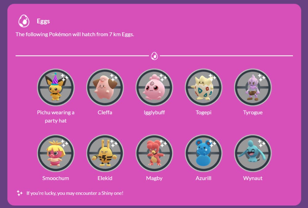 The Egg spawns for the Pokémon GO New Year's 2023 event include a Pichu with a party hat, Cleffa, Igglybuff, Togepi, Tyrogue, Smoochum, Elekid, Magby, Azurill, and Wynaut via the Pokémon GO official website [link]