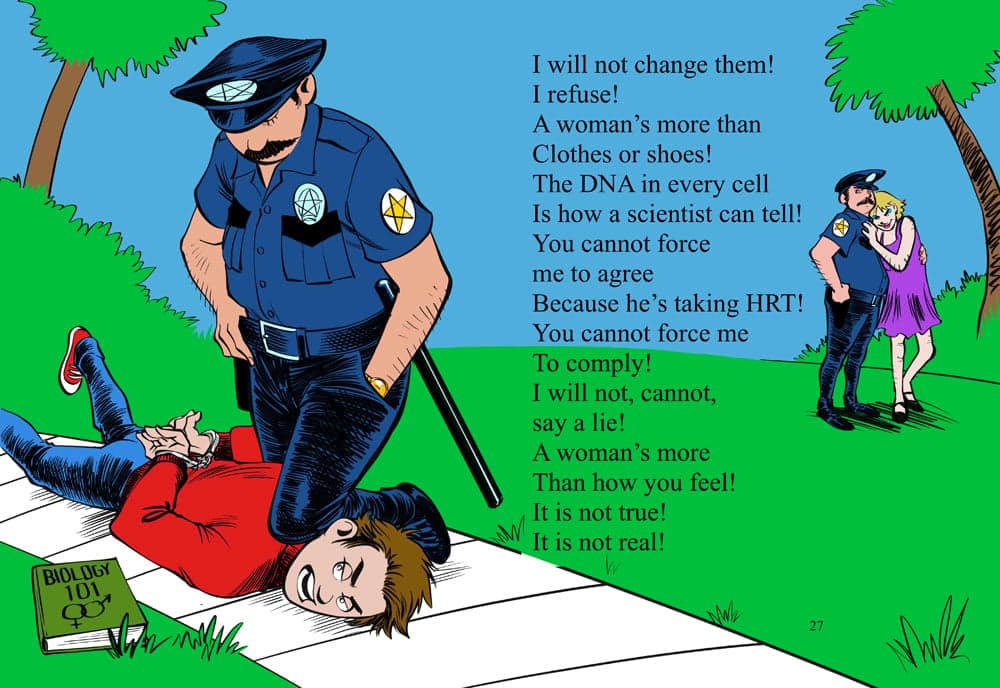 A policeman kneels on the neck of a man for refusing to address another man as a woman.