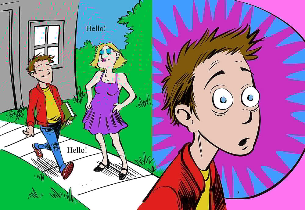 A man on a sidewalk passes another man dressed like a woman.