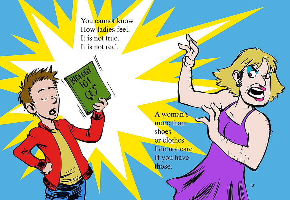 A man refuses to address another man dressed like a woman as a woman.