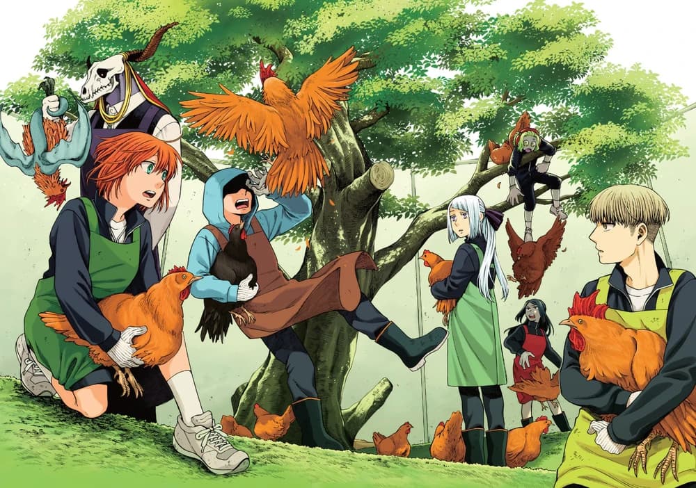 Chise and crew try their hand at poultry farming on Kore Yamazaki's cover to The Ancient Magus' Bride Vol. 15 (2021), Mag Garden