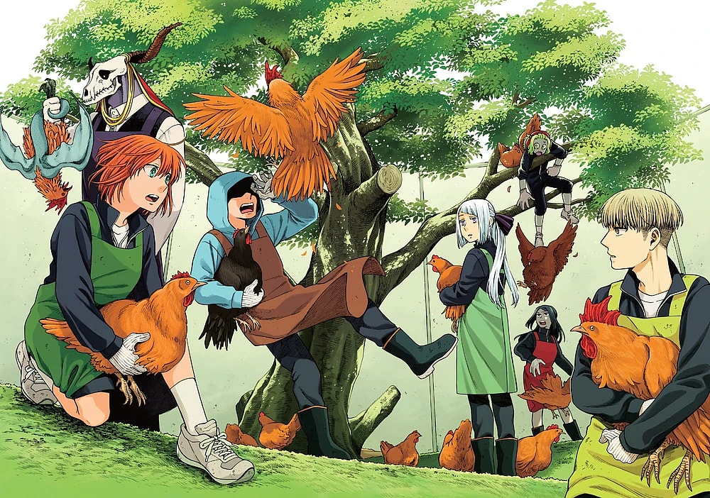 Chise and crew try their hand at poultry farming on Kore Yamazaki's cover to The Ancient Magus' Bride Vol. 15 (2021), Mag Garden