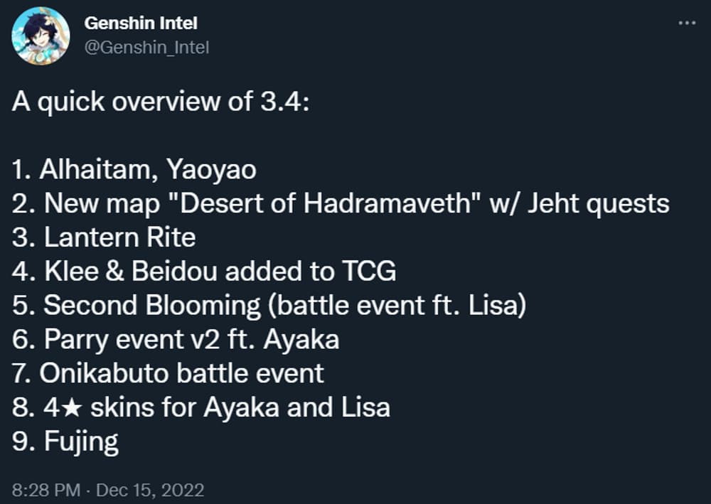 Genshin_Intel shares alleged details about Genshin Impact's patch 3.4 via Twitter