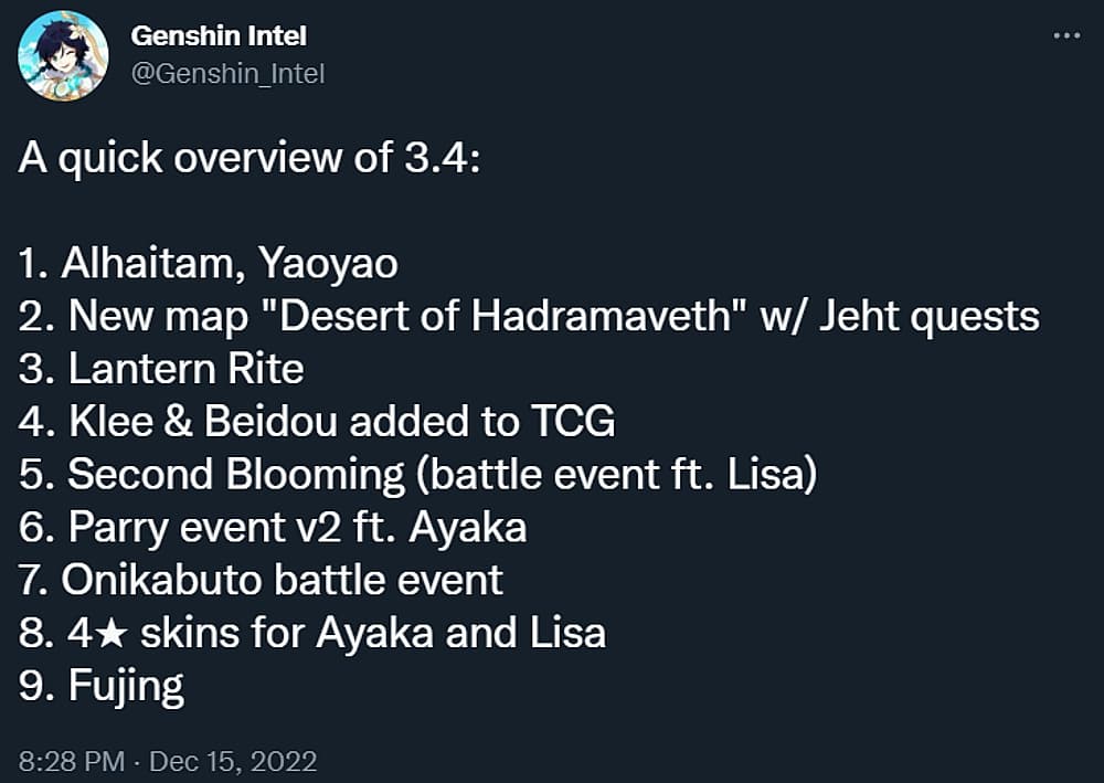 Genshin_Intel shares alleged details about Genshin Impact's patch 3.4 via Twitter