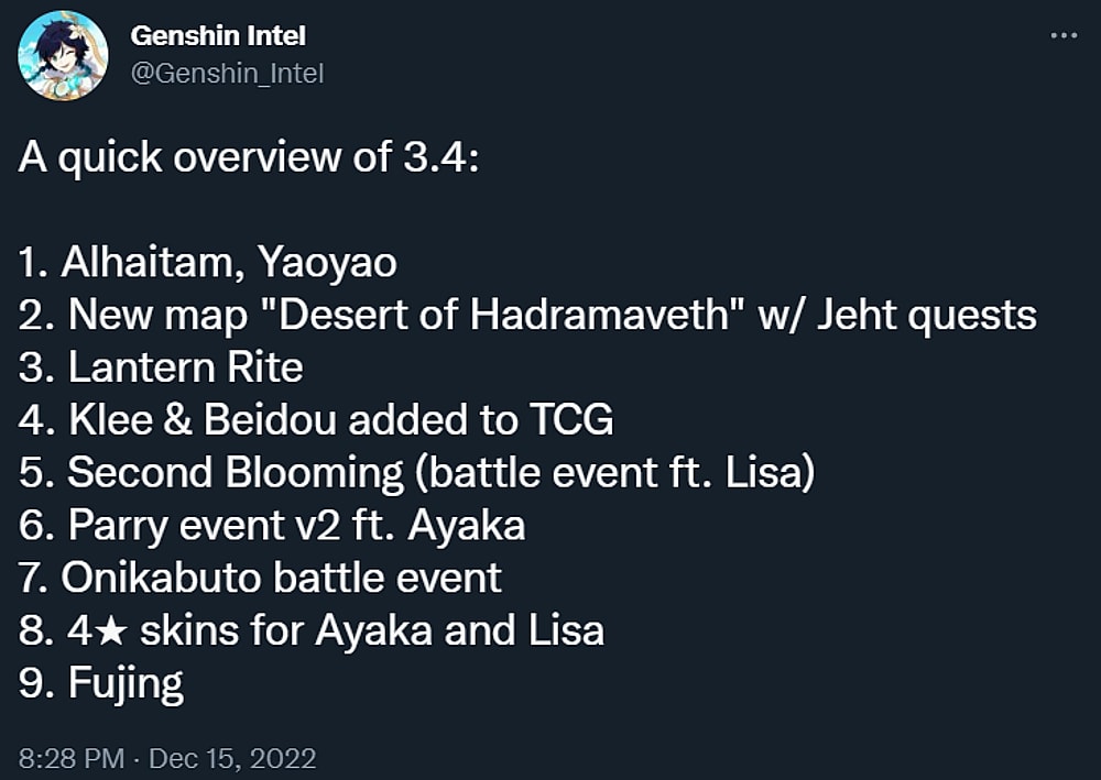 Genshin_Intel shares alleged details about Genshin Impact's patch 3.4 via Twitter
