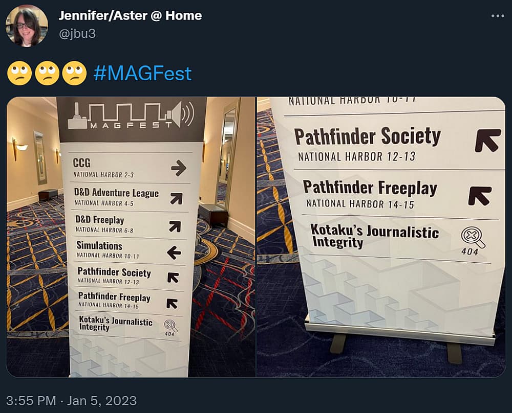Jennifer Unkle shares a sign at Super MAGFest 2022 mocking Kotaku's journalistic integrity
