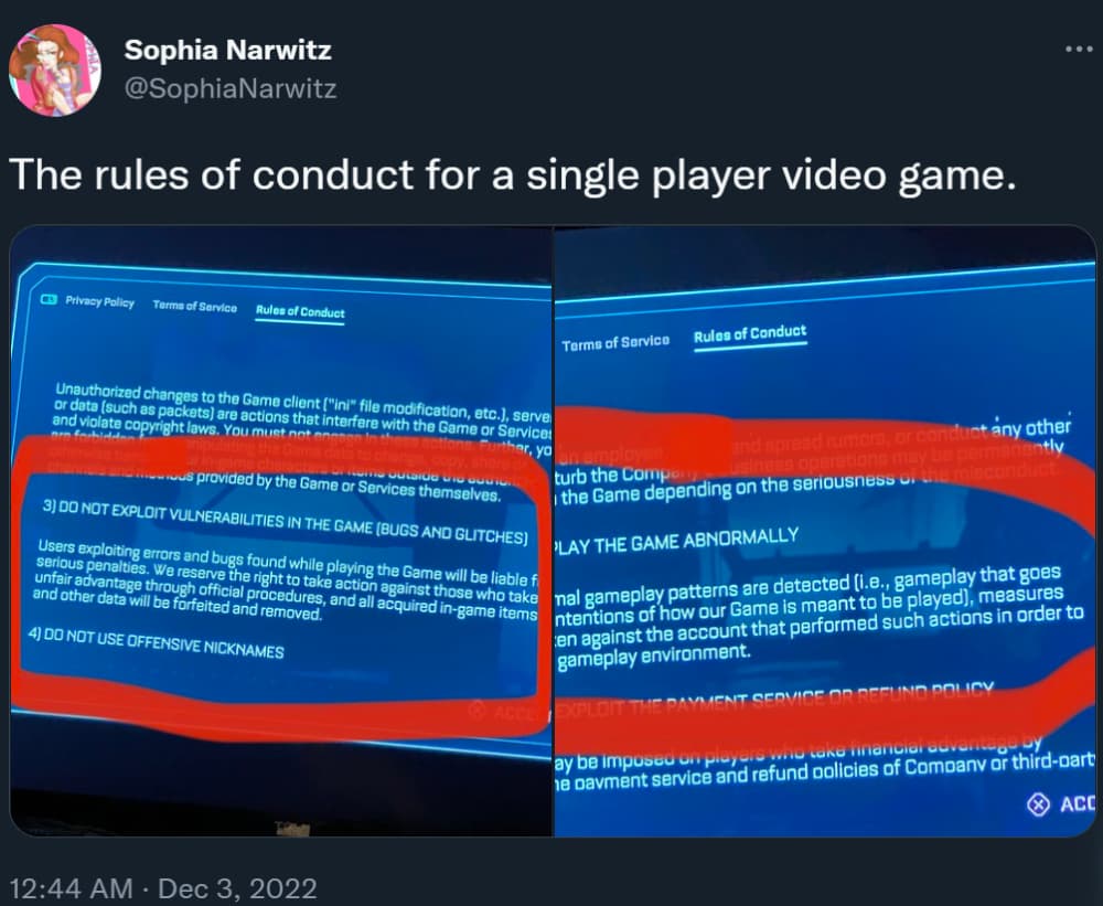 @SophiaNarwitz highlights some questionable terms in The Callisto Protocol's Rules of Conduct via Twitter