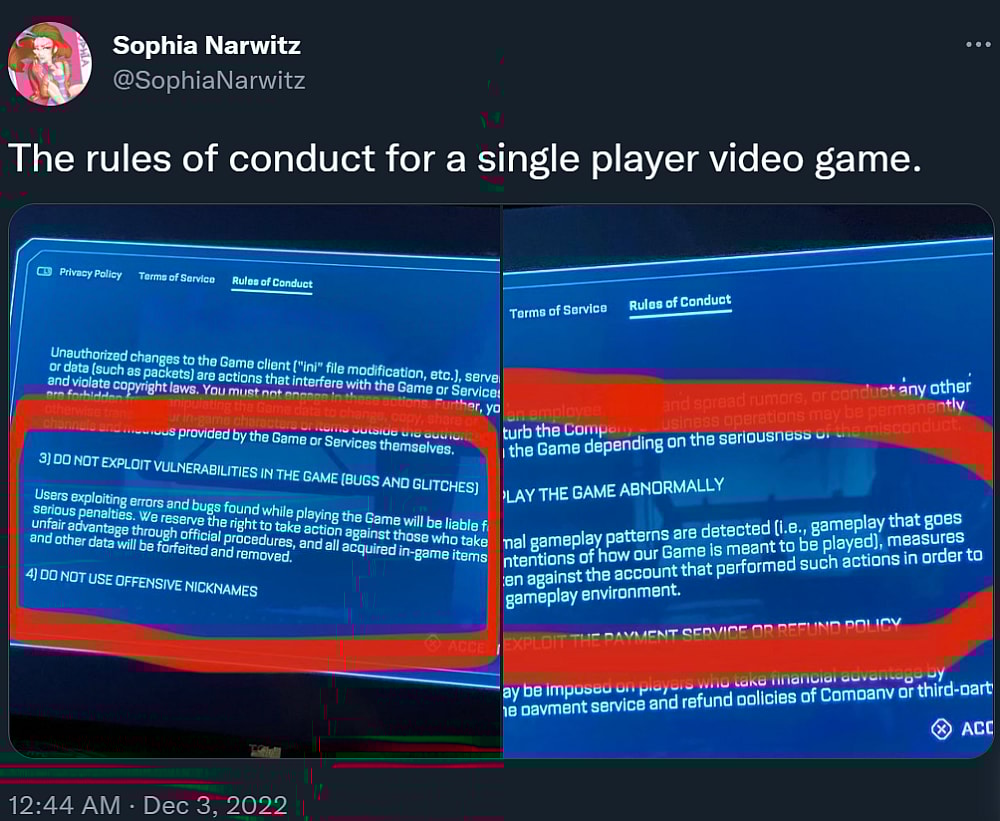 @SophiaNarwitz highlights some questionable terms in The Callisto Protocol's Rules of Conduct via Twitter
