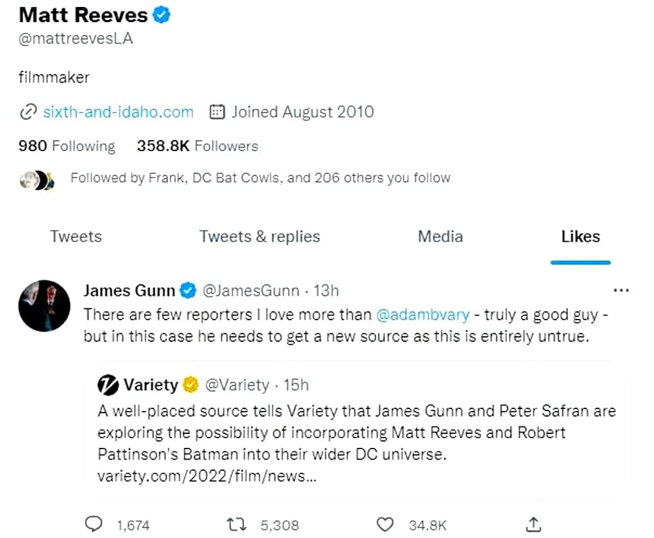 Matt Reeves likes James Gunn tweet