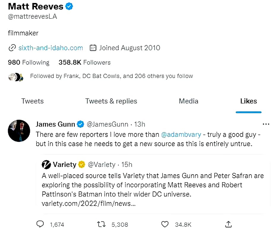 Matt Reeves likes James Gunn tweet