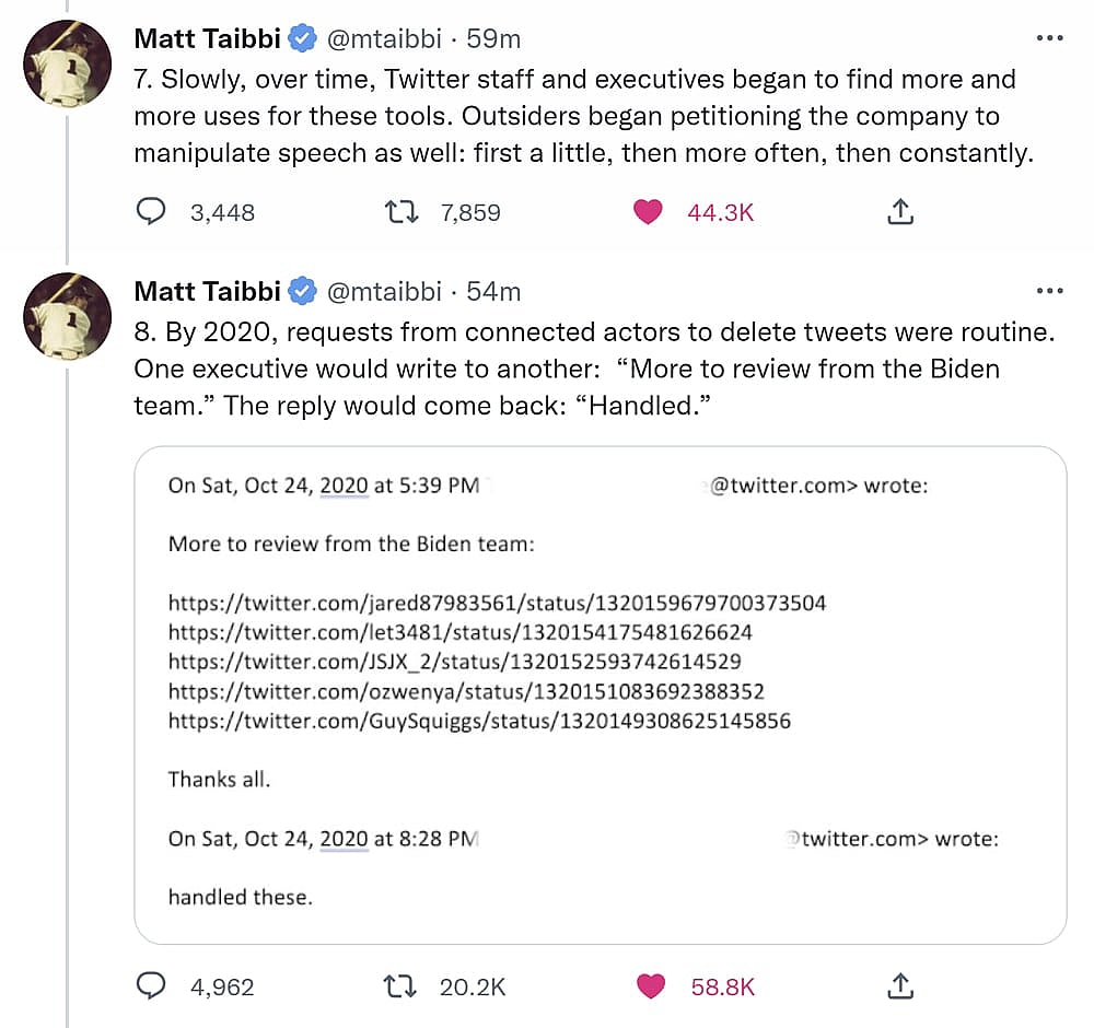 A tweet thread from Matt Taibbi's Twitter account, Dec 3, 2020