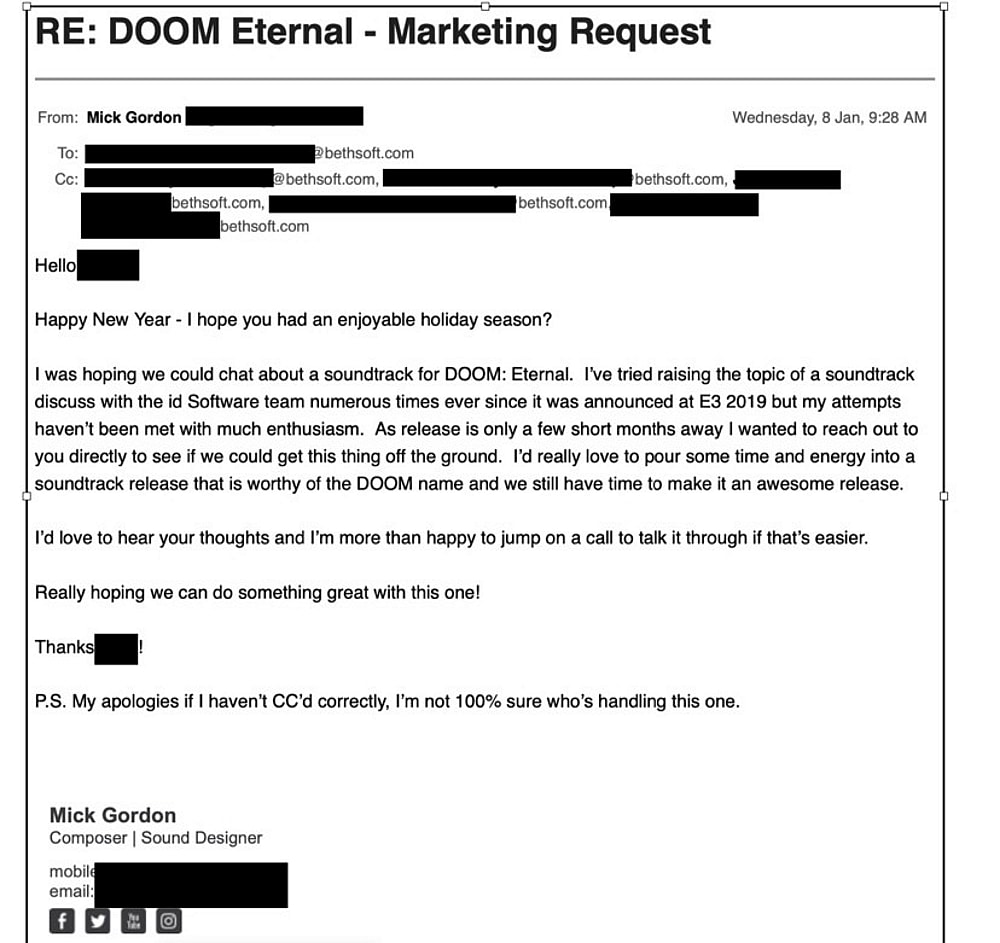 Mick Gordon emails Bethesda over the Doom Eternal soundtrack and OST