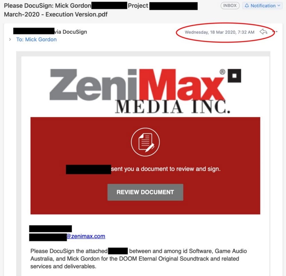 Zenimax Sends Mick Gordon his contract for the Doom Eternal OST