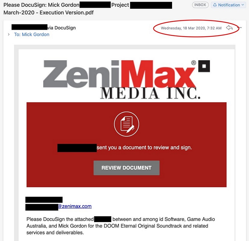 Zenimax Sends Mick Gordon his contract for the Doom Eternal OST