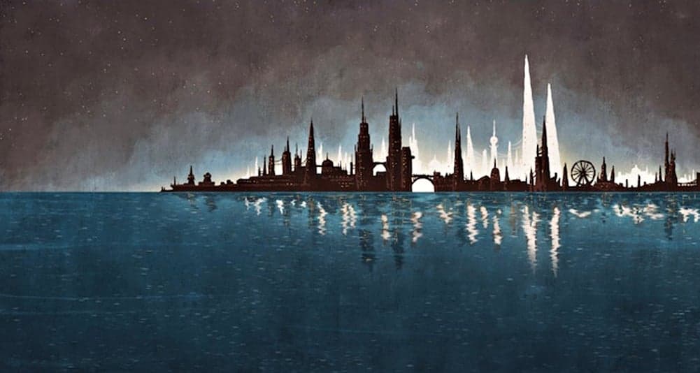 The outline of a great city in an illustration for 'Draco Alchemicus.'