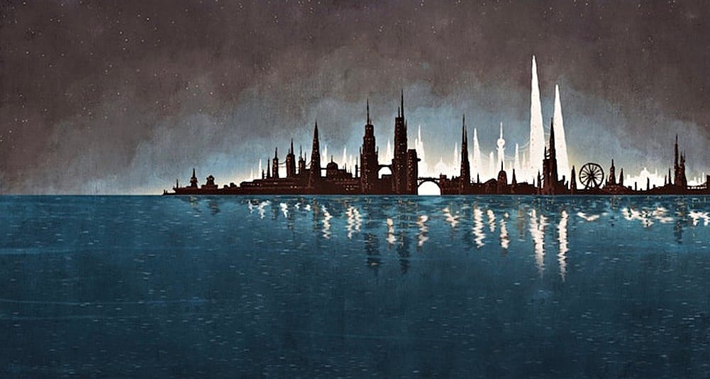 The outline of a great city in an illustration for 'Draco Alchemicus.'