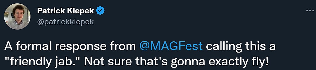 Patrick Klepek finds Dac Croach's insistence that the joke sign mocking Kotaku at Super MAGFest 2023 insufficient via Twitter