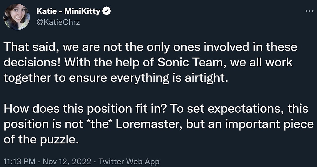 Katie Chrzanowski discusses the Associate Lore Manager role for Sonic the Hedgehog on Twitter