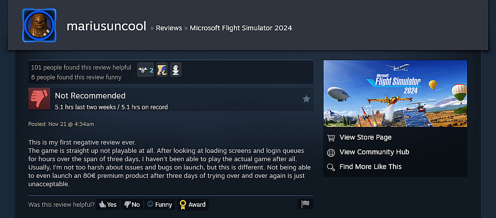 Players are unhappy with the launch state of 'Microsoft Flight Simulator 2024'.