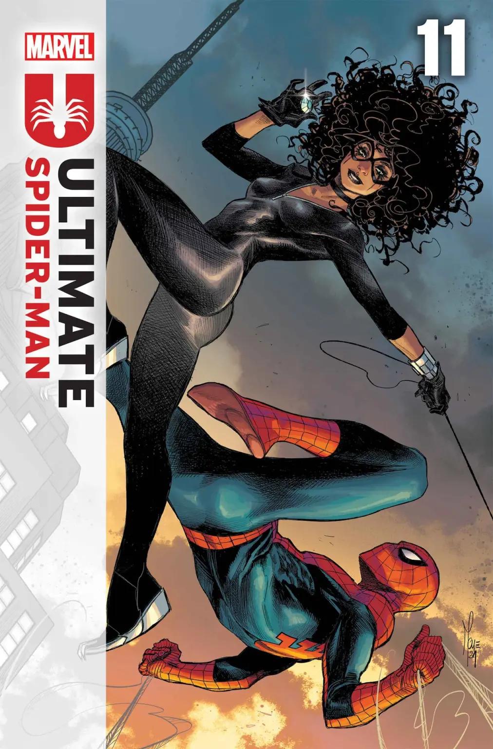 Spider-Man gives chase to Black Cat on Marco Checcheto's cover to Ultimate Spider-Man Vol. 3 #11 (2024), Marvel Comics