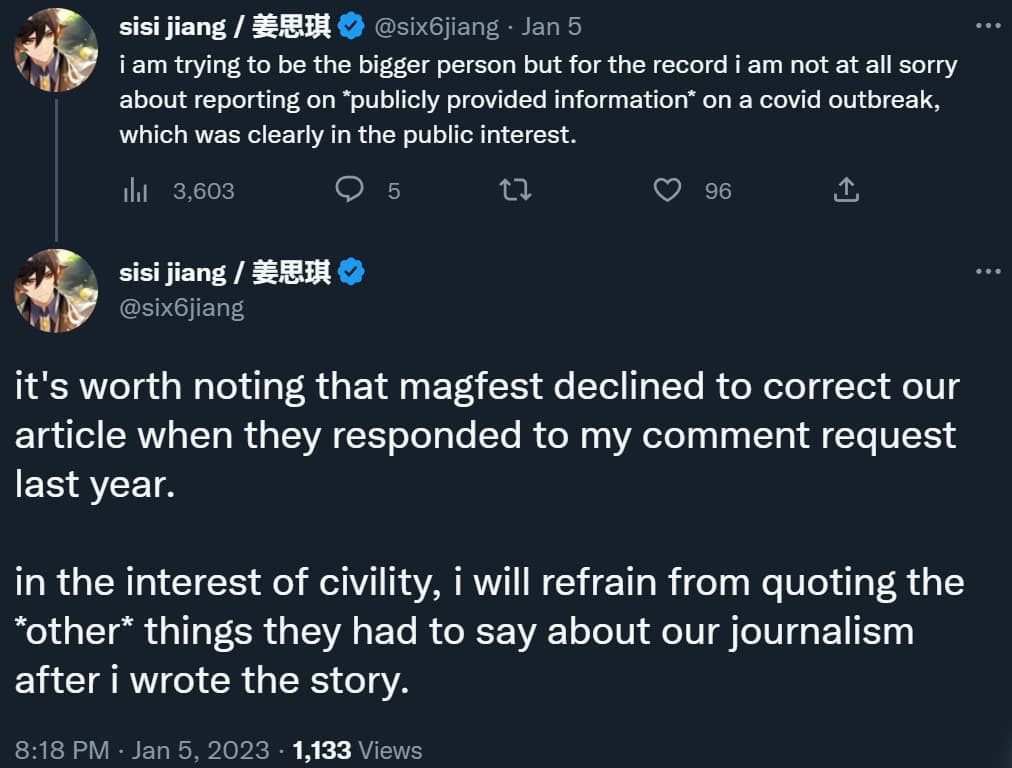 Sisi Jiang stands by their reporting of the MAGFest COVID-19 outbreak in 2022 on Kotaku, and claims they declined to correct the claims therein via Twitter