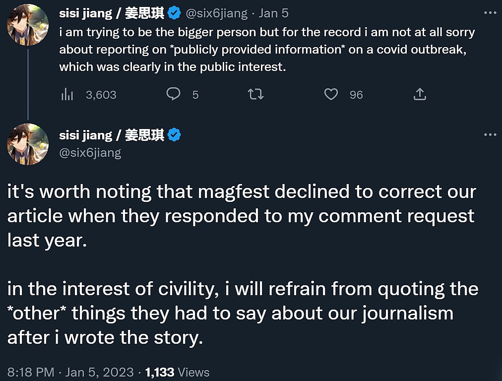 Sisi Jiang stands by their reporting of the MAGFest COVID-19 outbreak in 2022 on Kotaku, and claims they declined to correct the claims therein via Twitter