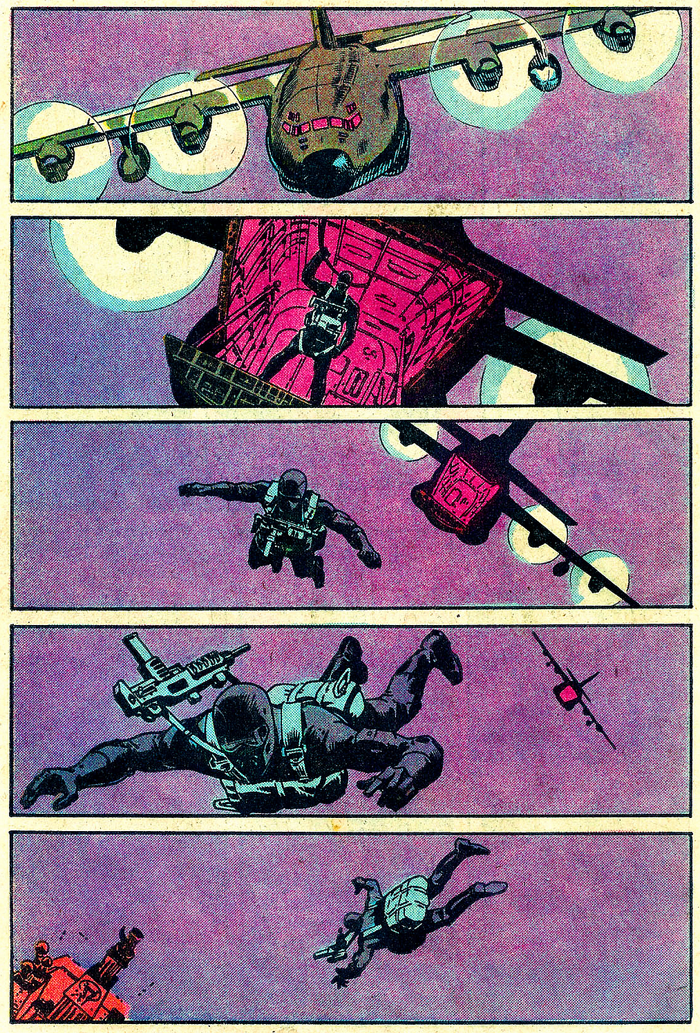Snake-Eyes deploys on his next sortie in G.I. Joe: A Real American Hero Vol. 1 #21 "Silent Interlude" (1983), Marvel Comics. Words by Larry Hama, art by Larry Hama, Steve Leialoha, George Roussos, and Rick Parker.