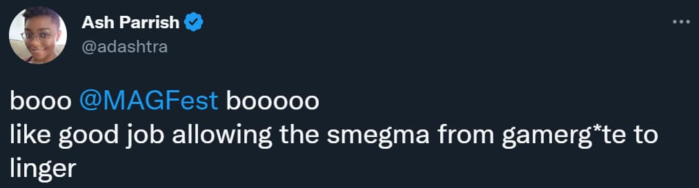 Ash Parrish objects to Super MAGFest 2023's Kotaku joke, comparing it to GamerGate's comments and opinions of the website via Twitter