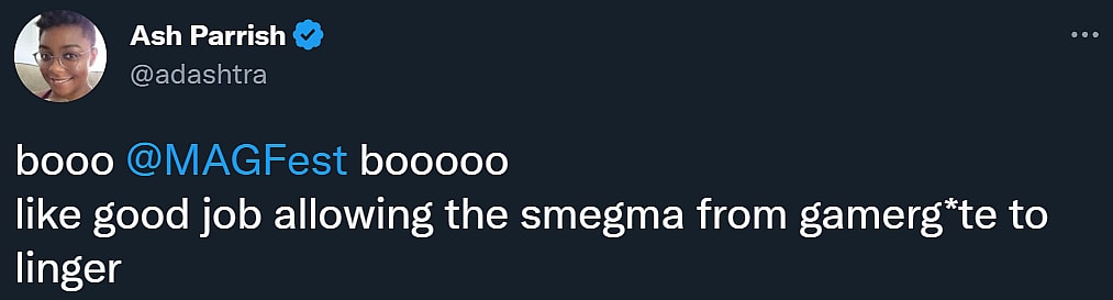 Ash Parrish objects to Super MAGFest 2023's Kotaku joke, comparing it to GamerGate's comments and opinions of the website via Twitter