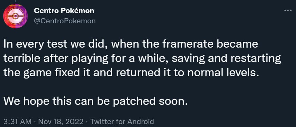 CentroPokemon claims restarting Pokémon Scarlet & Violet can solve its framerate issues via Twitter