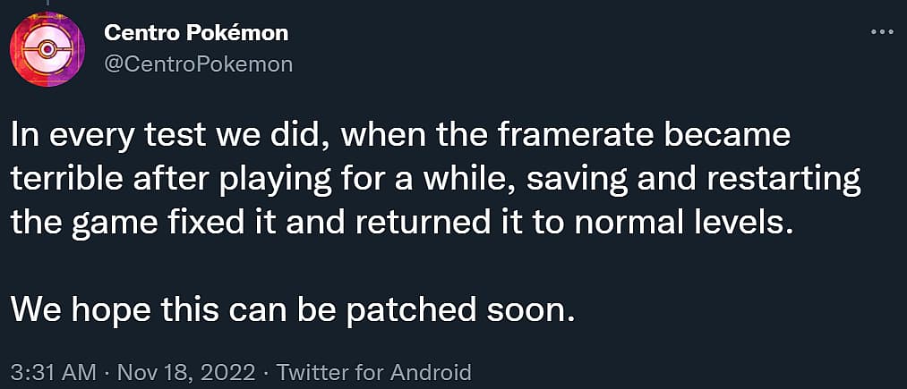 CentroPokemon claims restarting Pokémon Scarlet & Violet solves framerate issues via Twitter