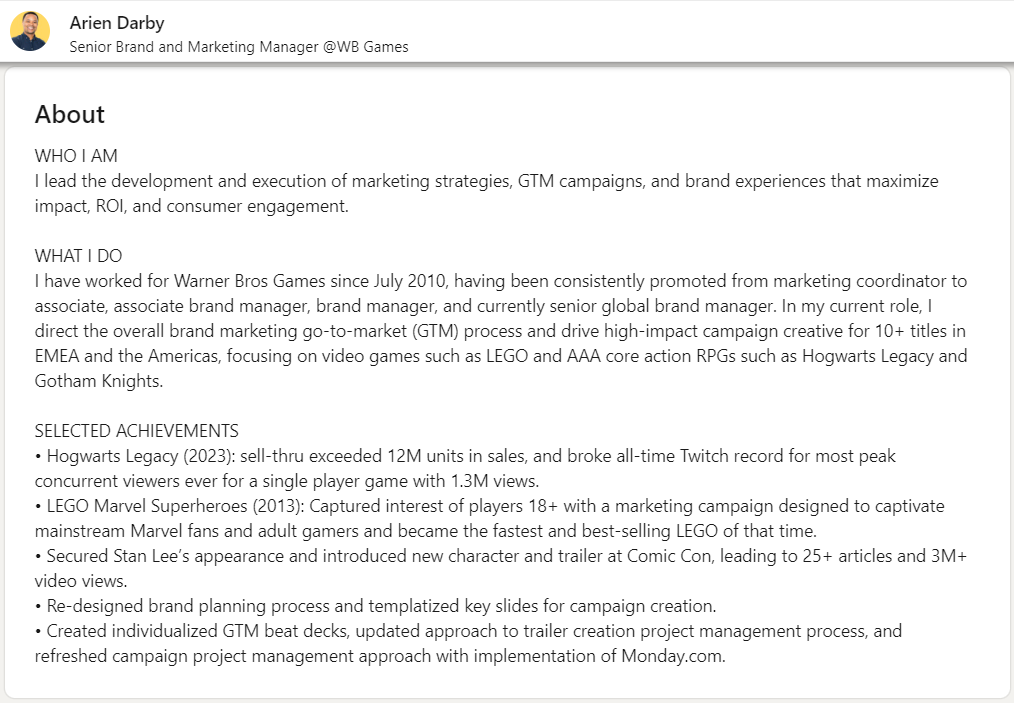 Arien Darb's About section, detailing his work and games he has worked on via LinkedIn