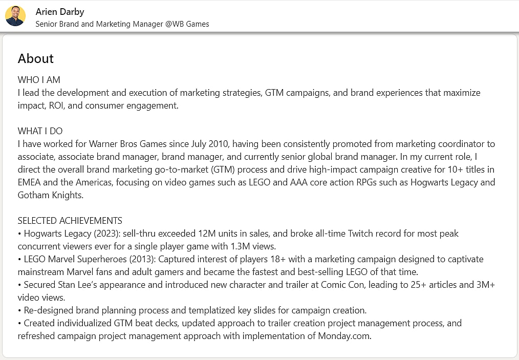 Arien Darb's About section, detailing his work and games he has worked on via LinkedIn